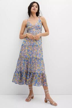 NEW Anthro Verb Vineyard Tiered Maxi V Neck Sequin Fringe Detail Dress Size 14
